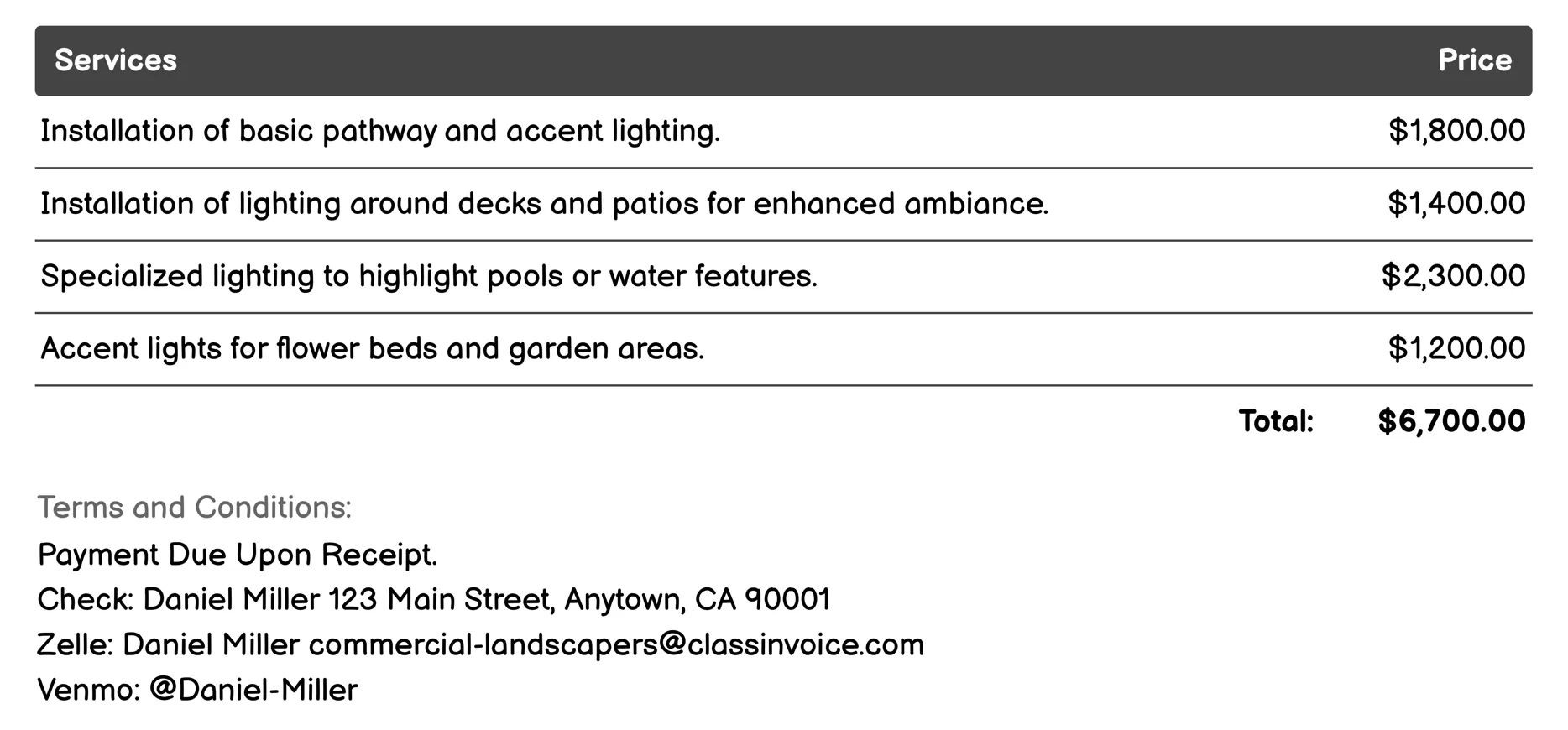 Landscape Lighting Installation Invoice Example
