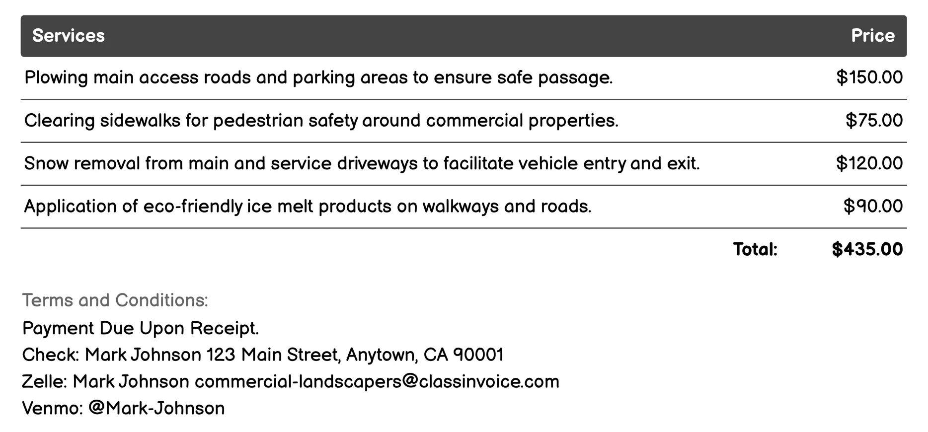 Snow Removal Services Invoice Example