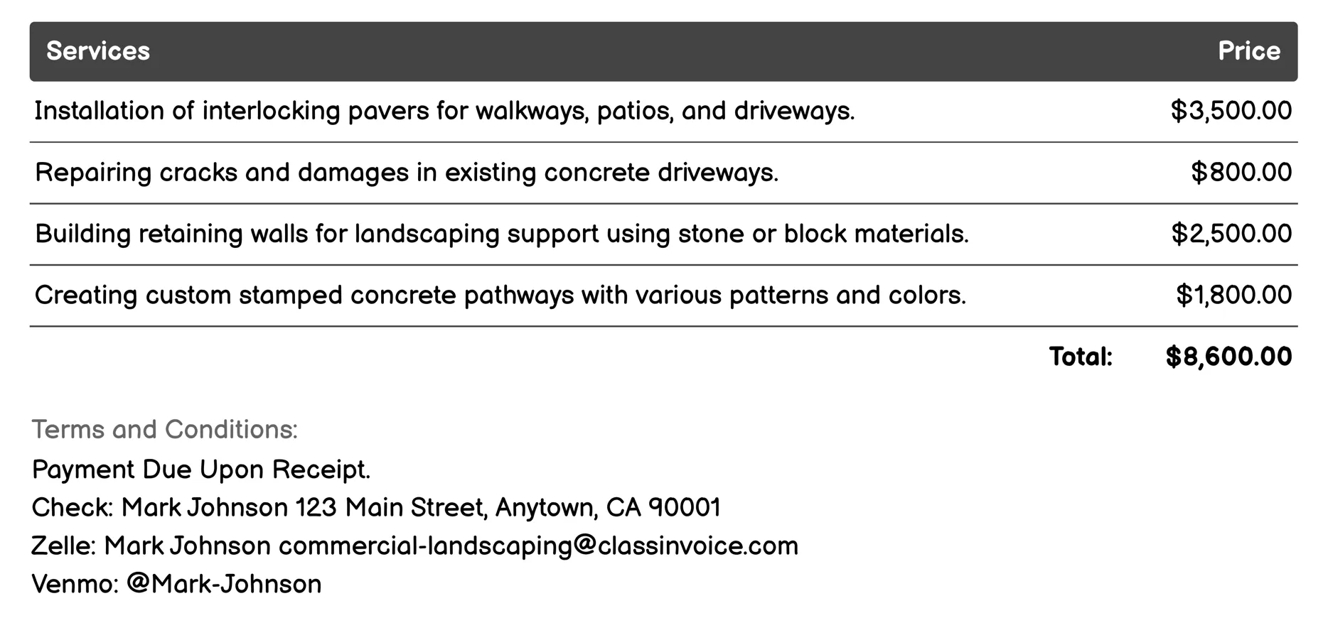 Hardscaping Services Invoice Example