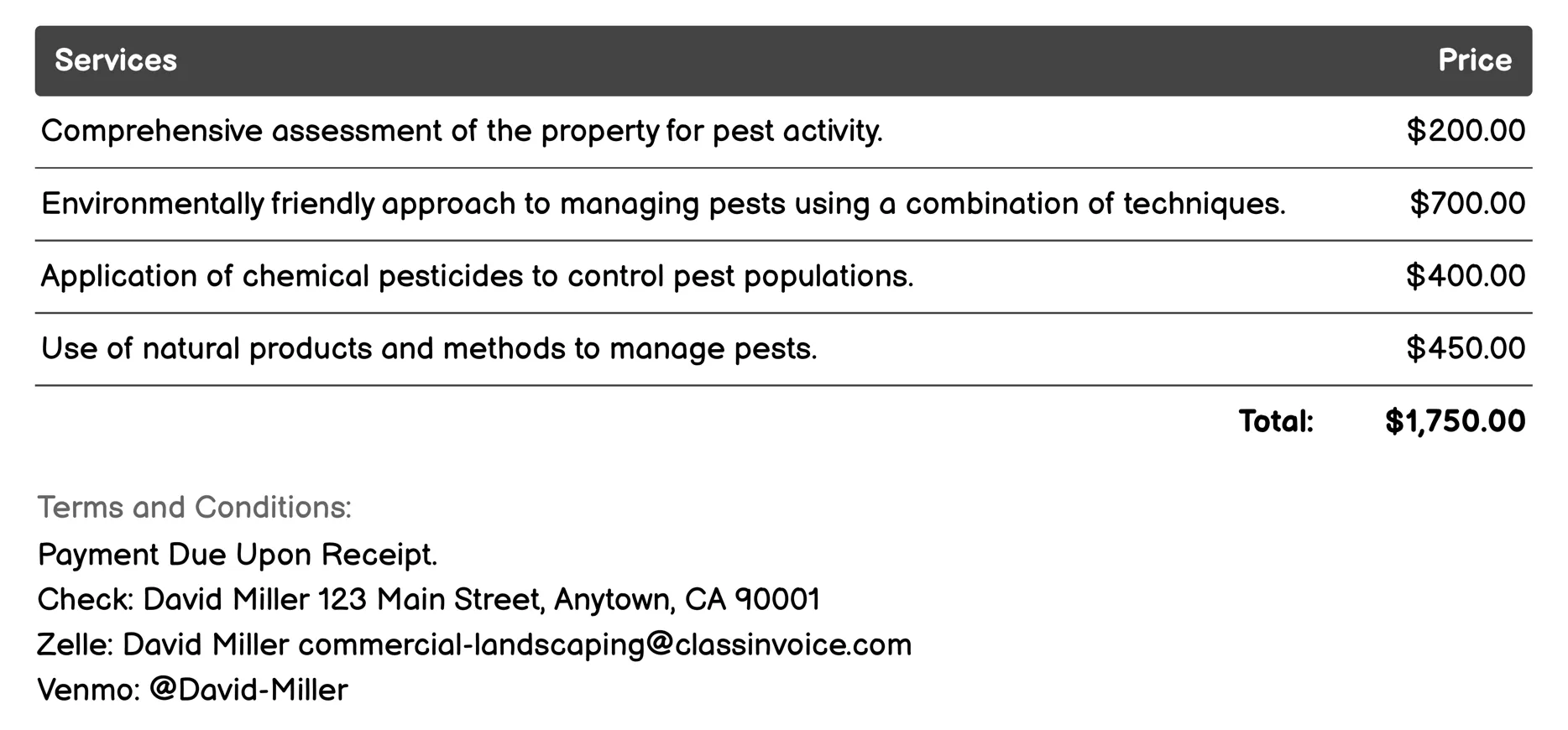 Pest Control Services Invoice Example