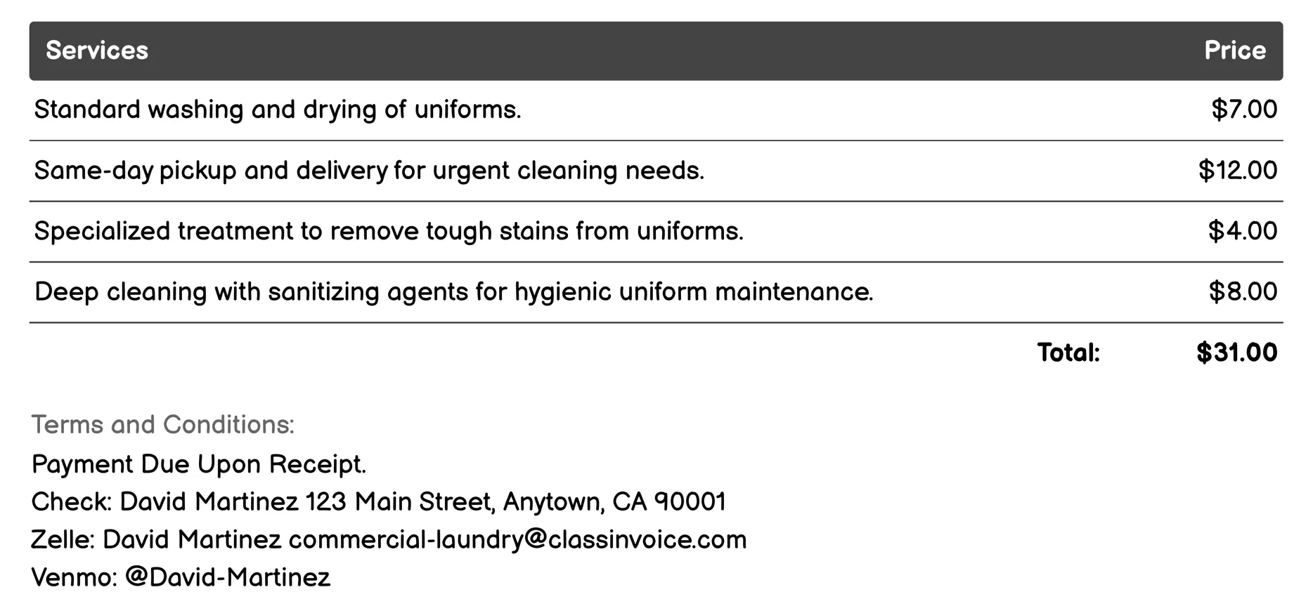 Uniform Cleaning Invoice Example