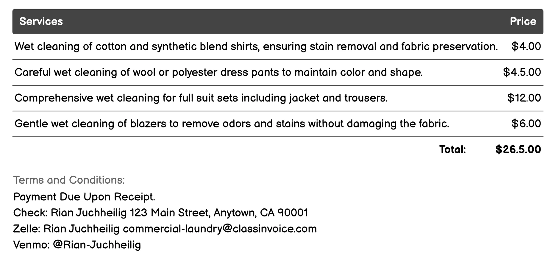 Wet Cleaning Invoice Example