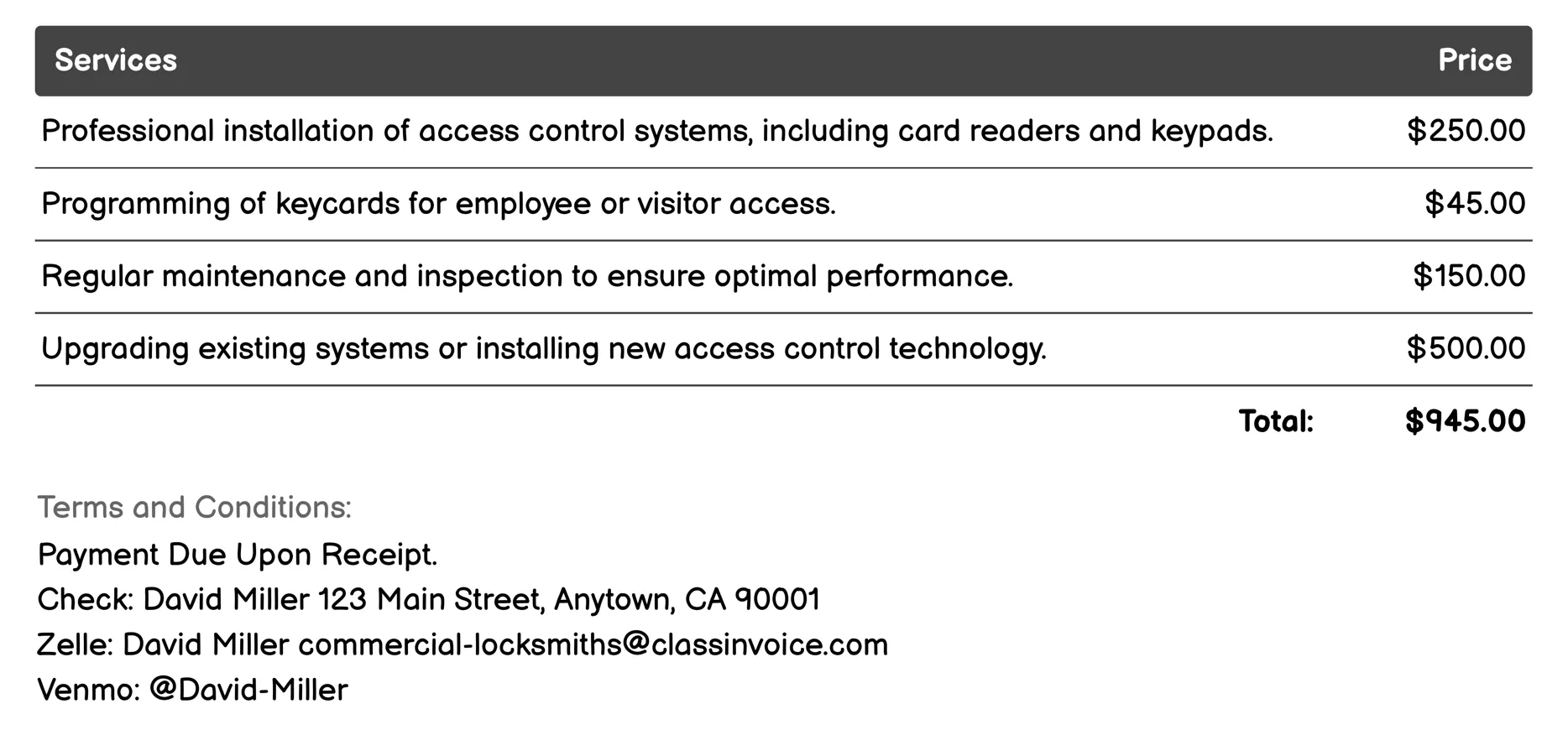 Access Control Systems Invoice Example
