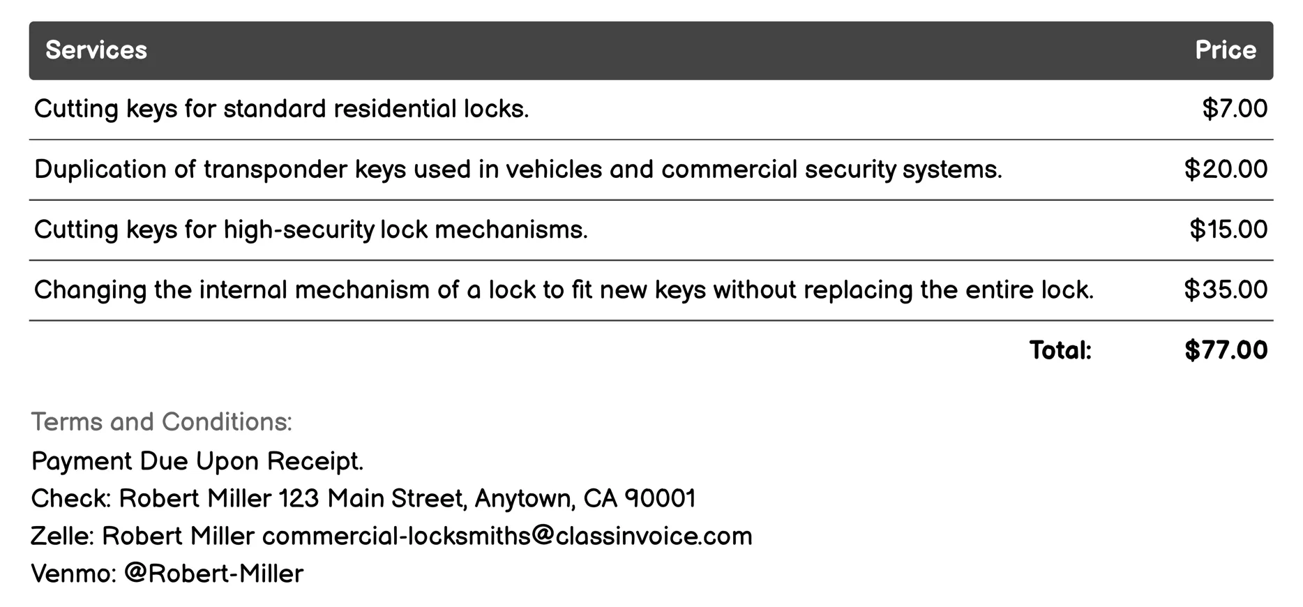 Key Cutting and Duplication Invoice Example