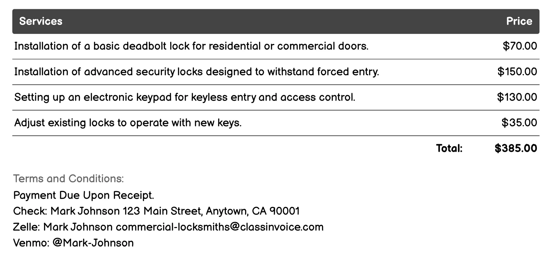 Lock Installation Invoice Example