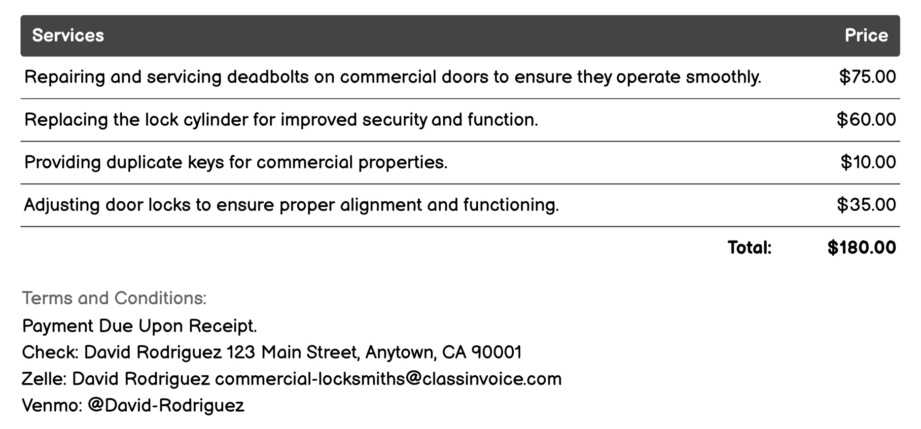 Lock Repair and Maintenance Invoice Example