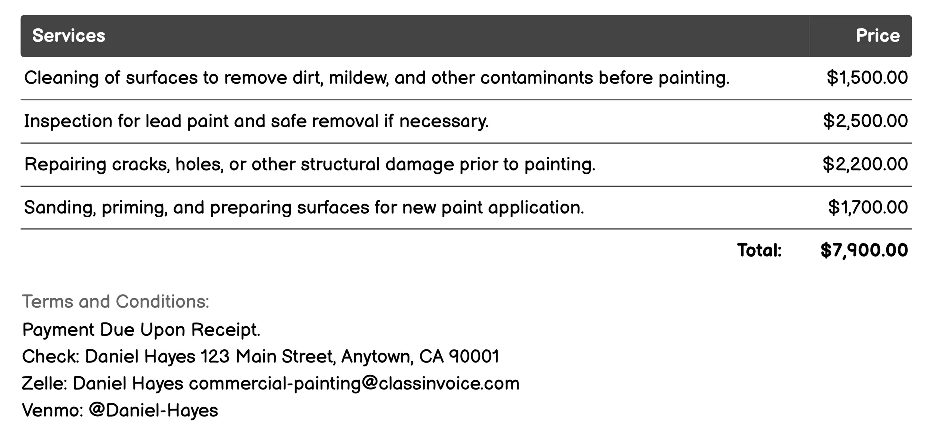 Restoration & Preservation Painting Invoice Example