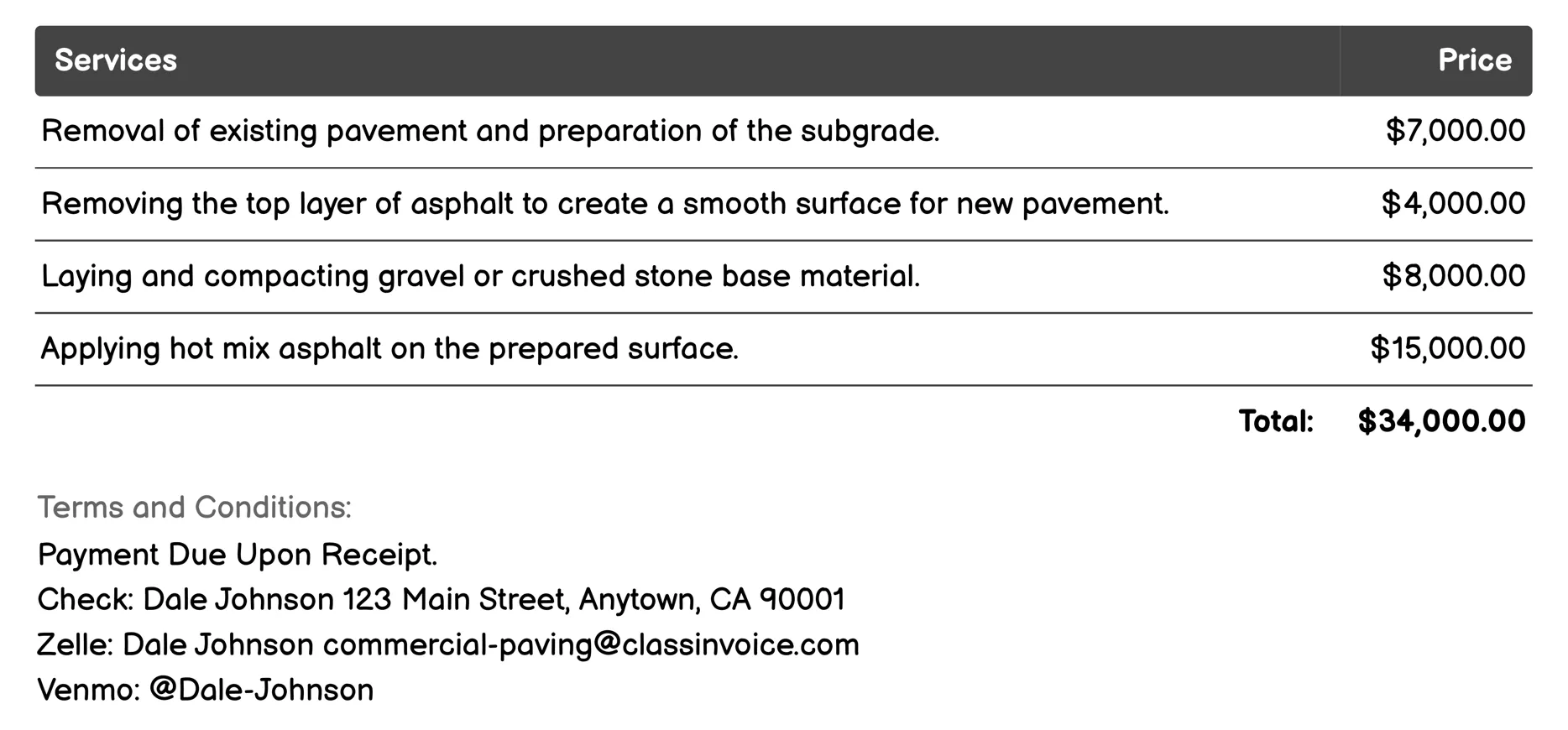 Asphalt Paving Invoice Example