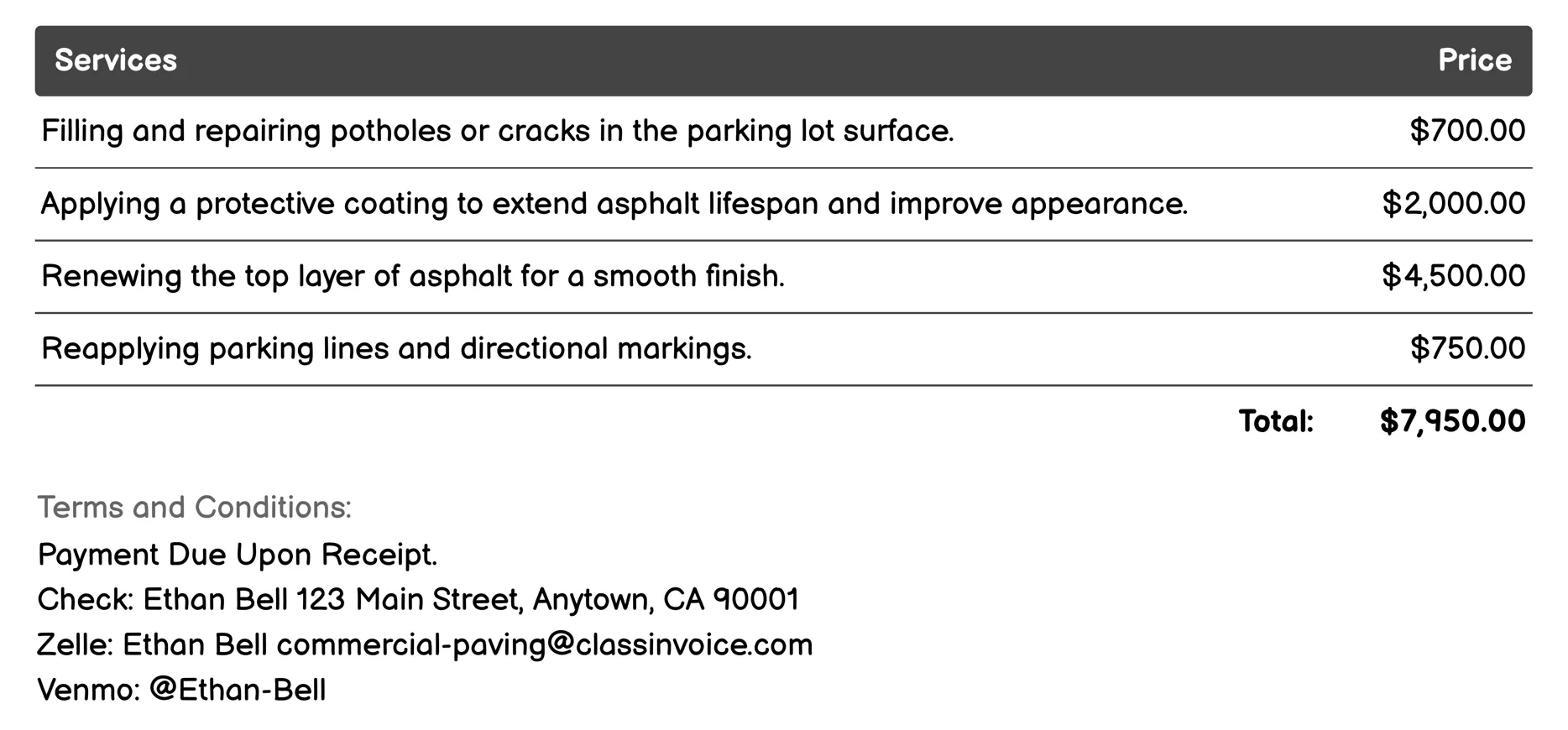 Parking Lot Repair Invoice Example