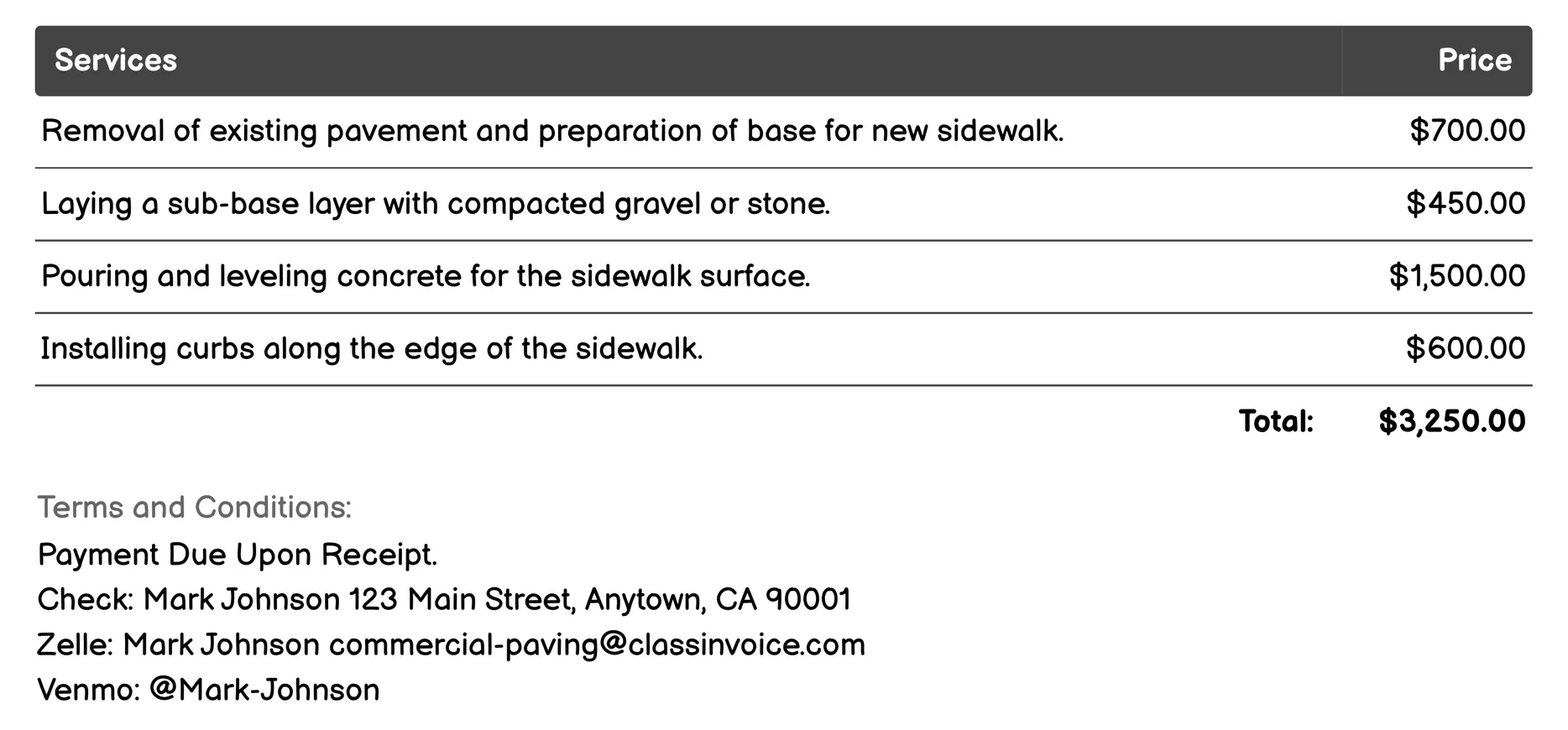 Sidewalk Installation Invoice Example