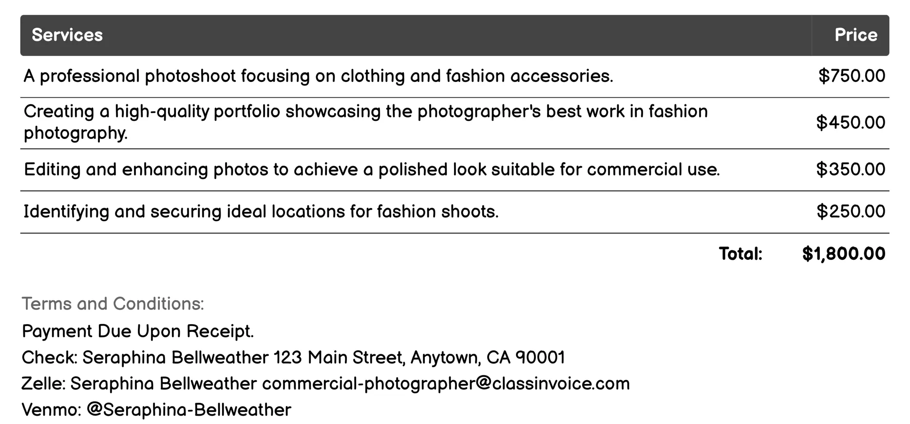 Fashion Photography Invoice Example