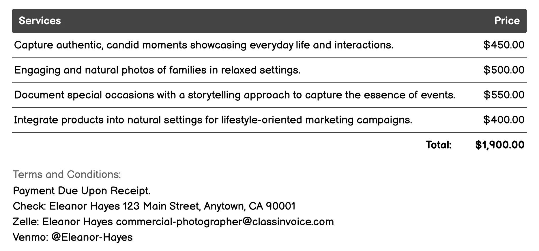 Lifestyle Photography Invoice Example