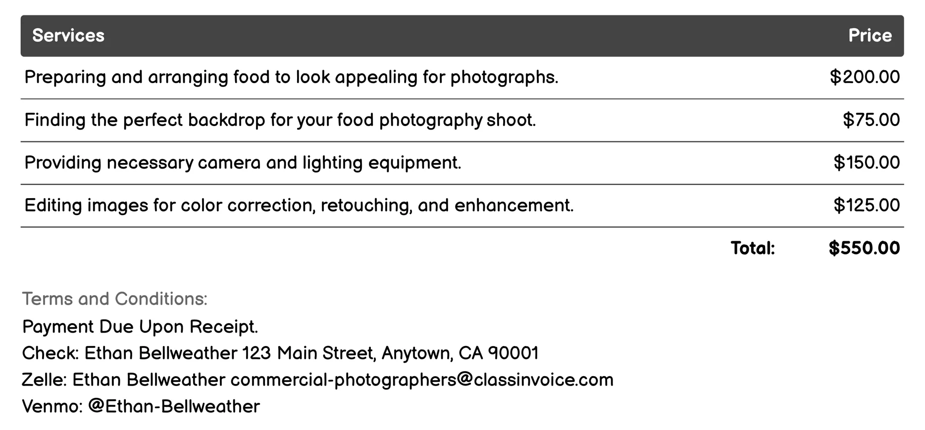 Food Photography Invoice Example