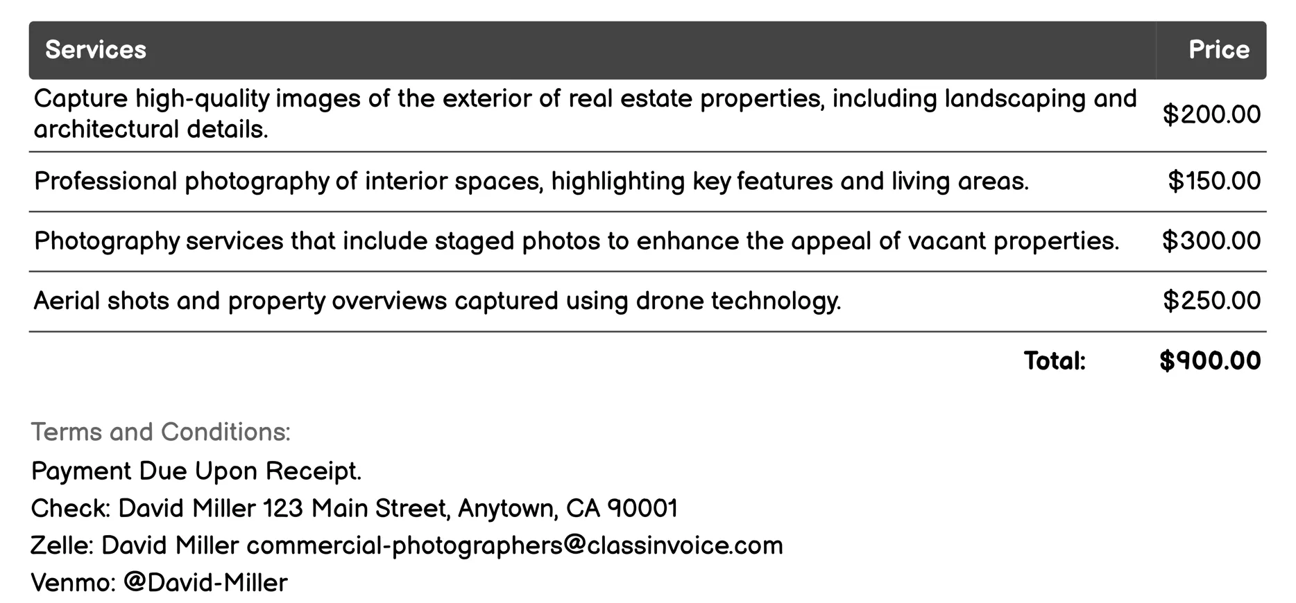 Real Estate Photography Invoice Example