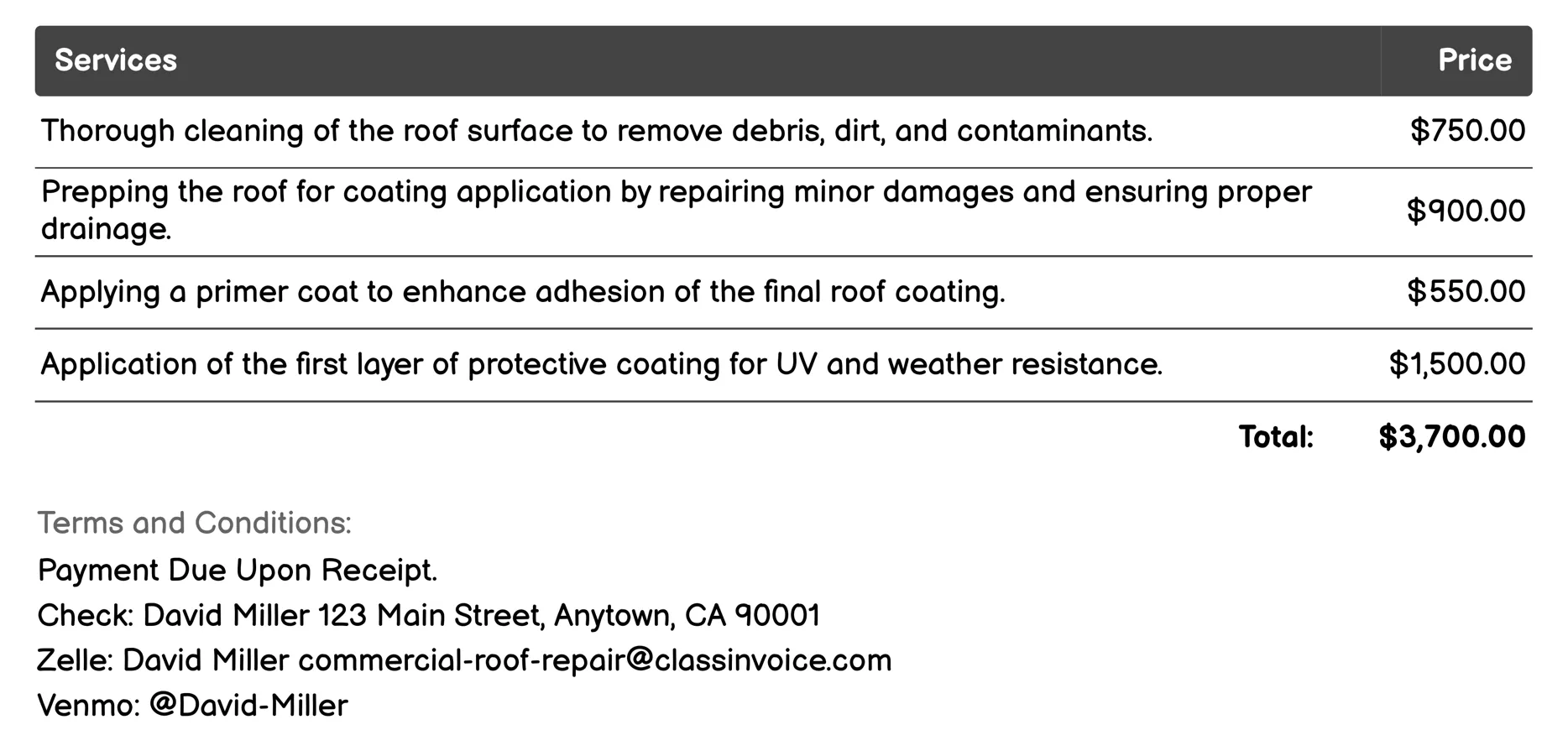 Roof Coating Application Invoice Example
