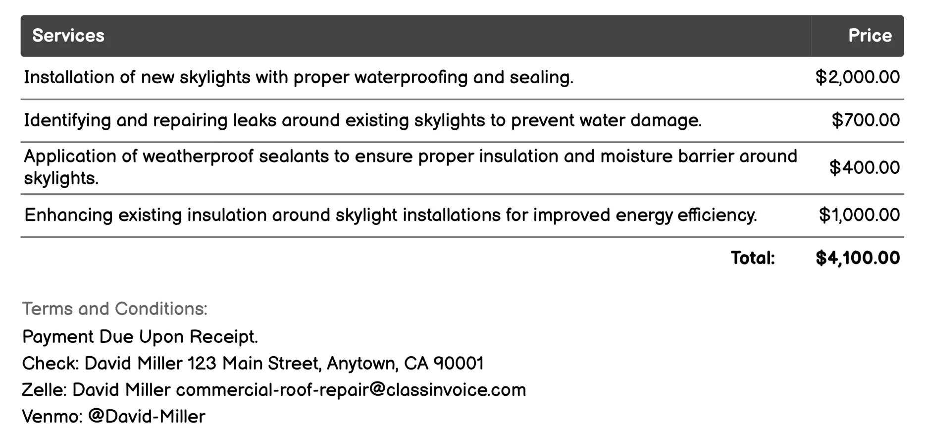 Skylight Installation or Repair Invoice Example