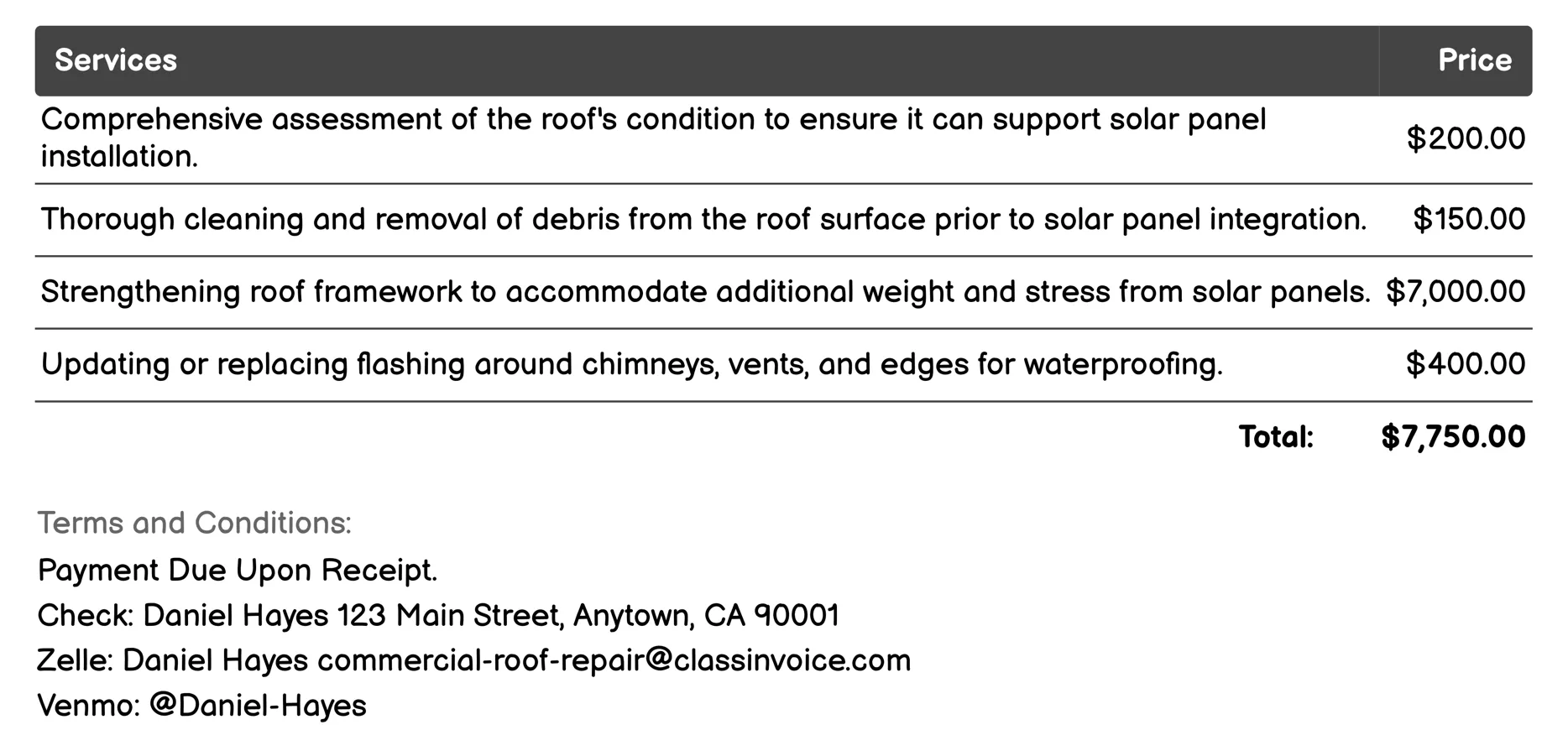 Solar Panel Integration Invoice Example