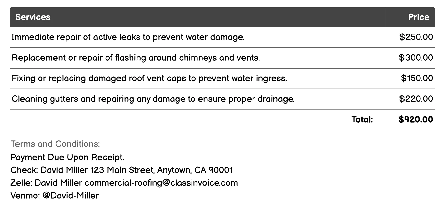 Emergency Roof Repair Services Invoice Example