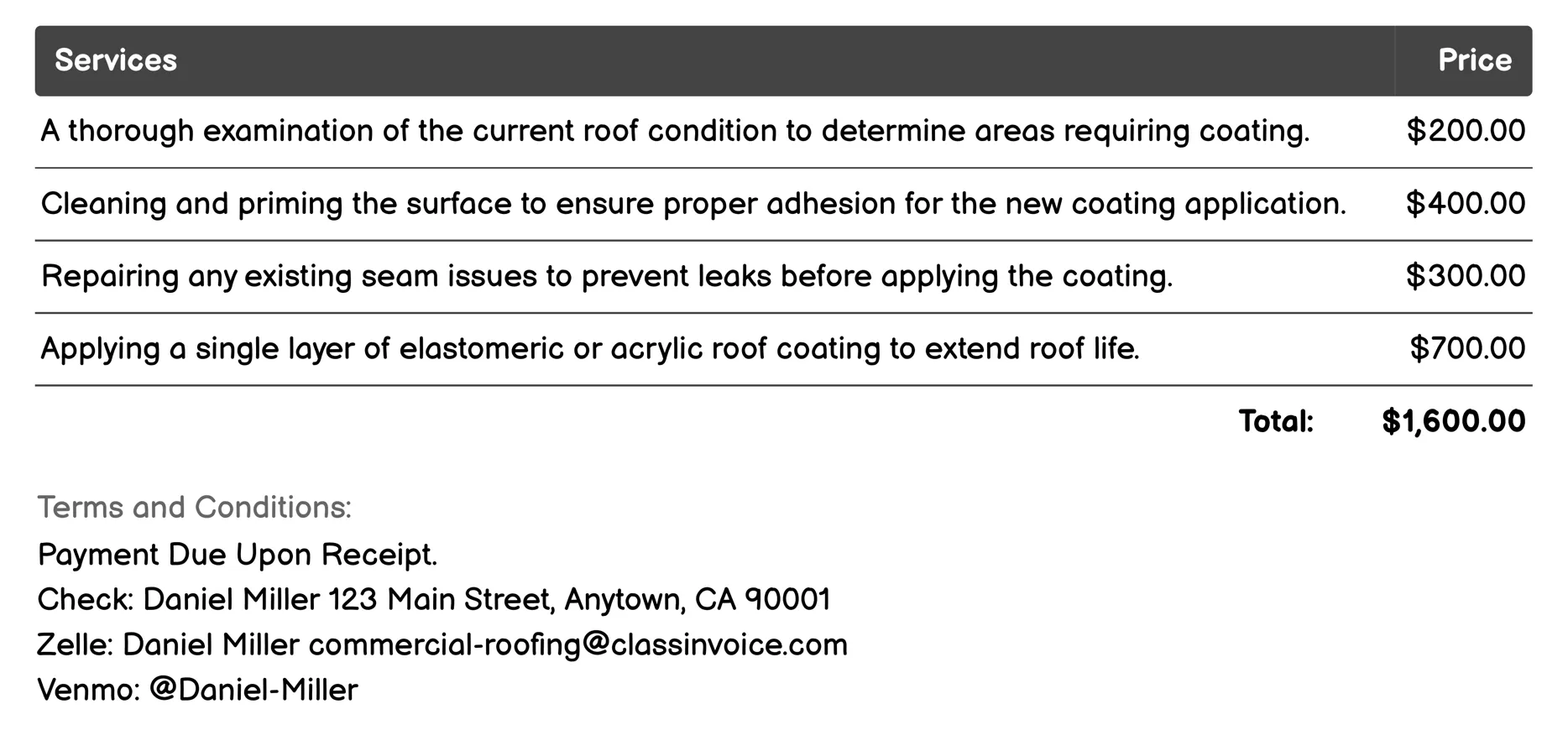 Roof Coating Services Invoice Example