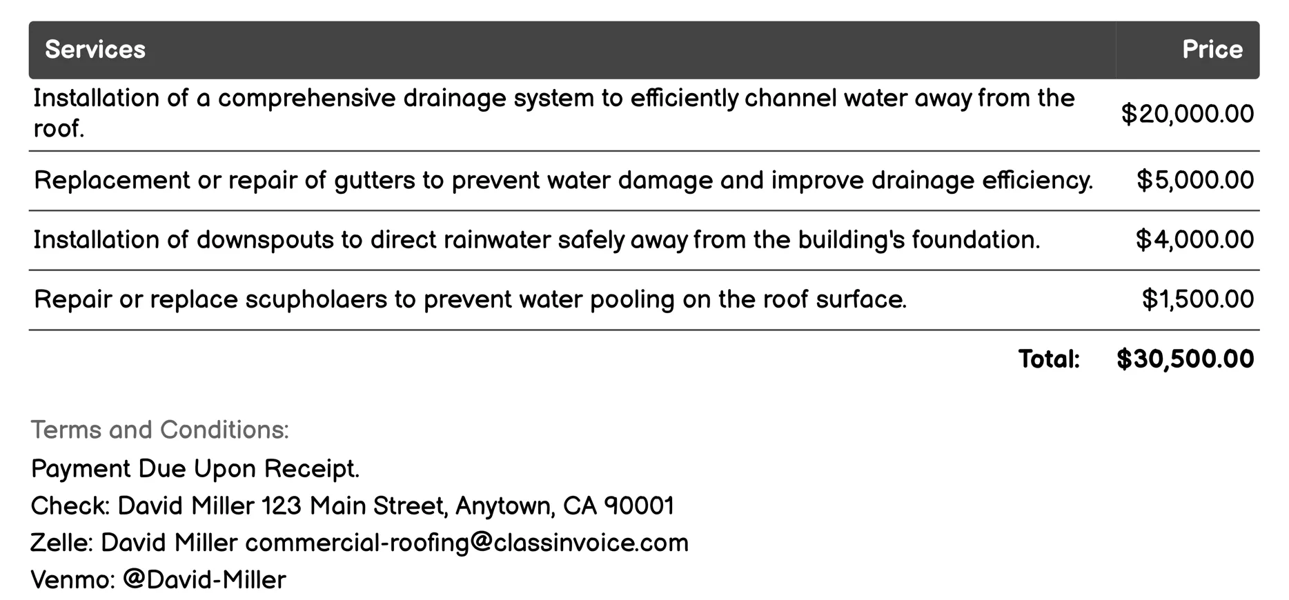 Roof Drainage Solutions Invoice Example