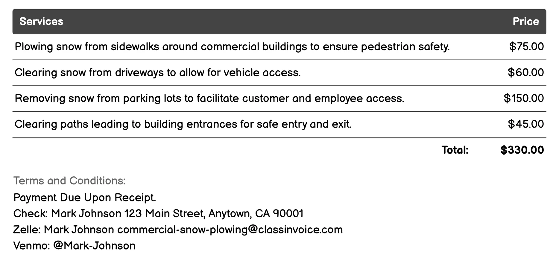 De-icing Services Invoice Example