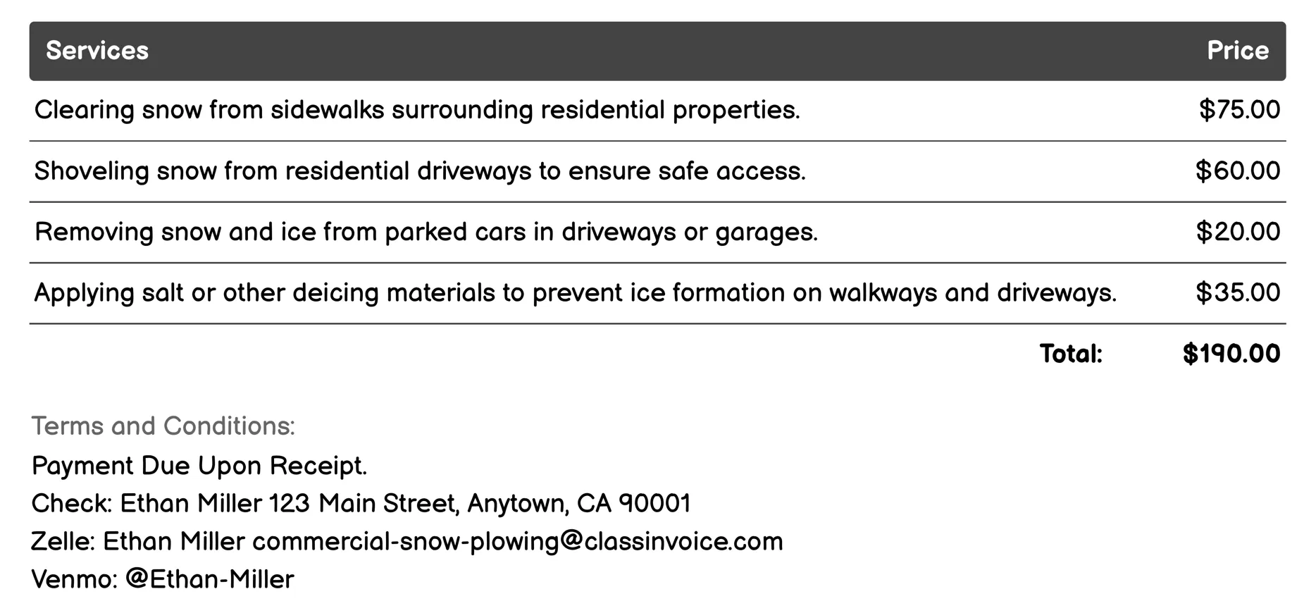 Residential Snow Plowing Invoice Example