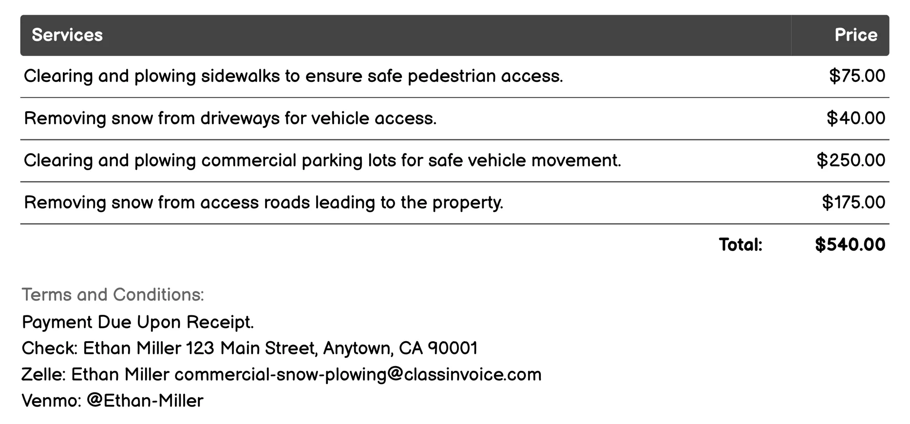 Snow Shoveling Services Invoice Example