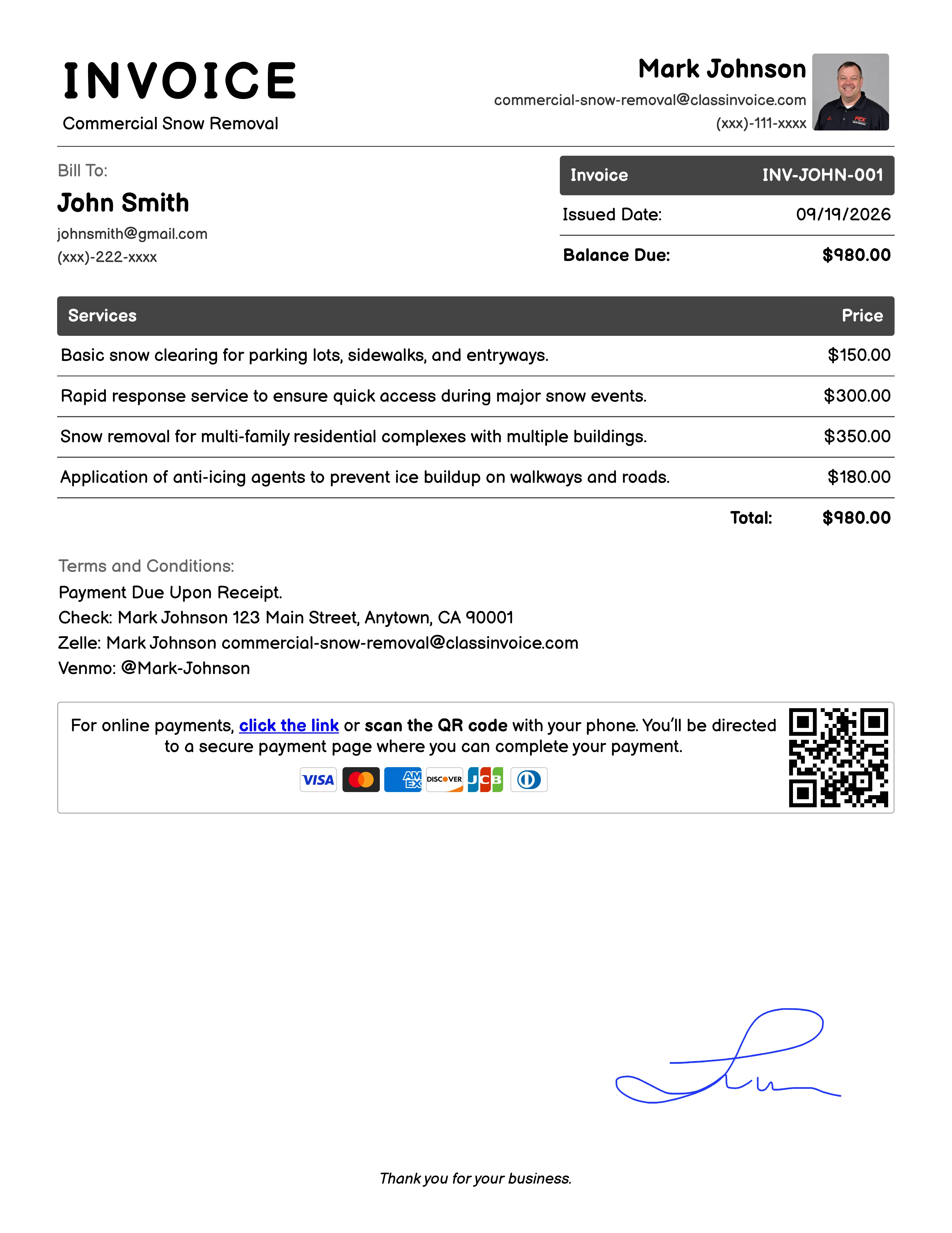 Commercial Snow Removal Invoice Example