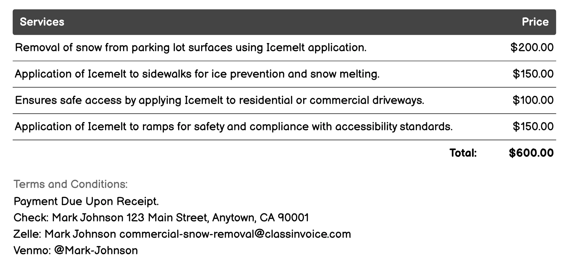 Icemelt Application Invoice Example