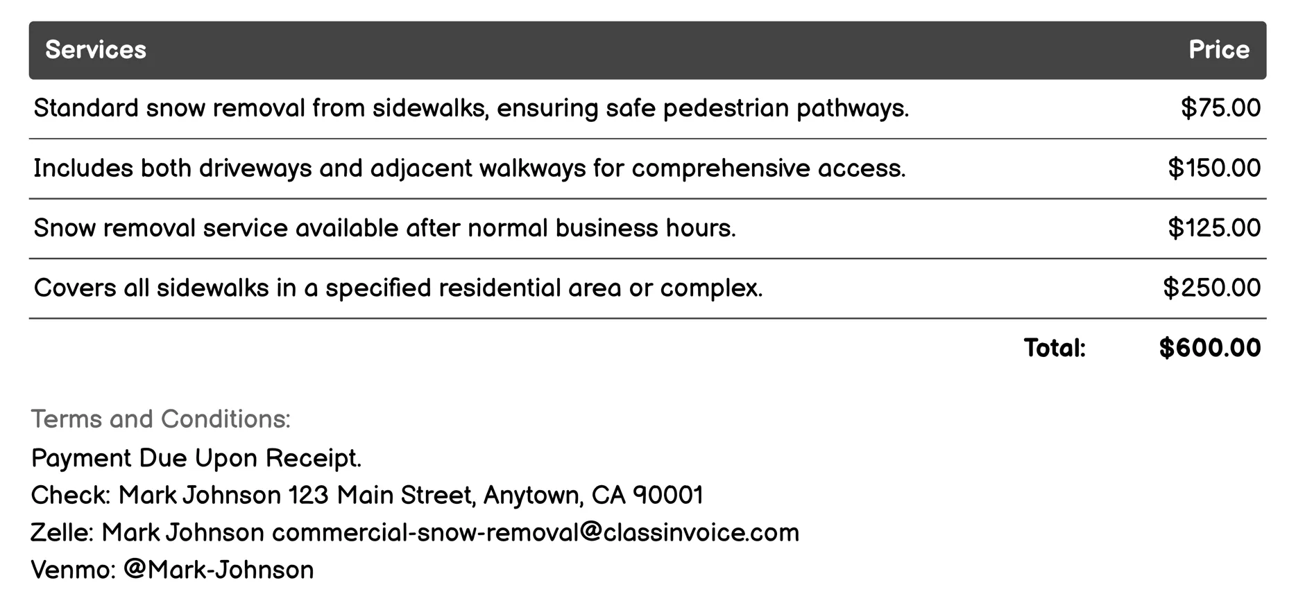 Sidewalk Shoveling Invoice Example