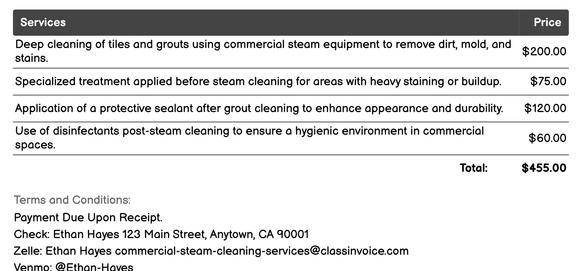 Tile and Grout Cleaning Invoice Example
