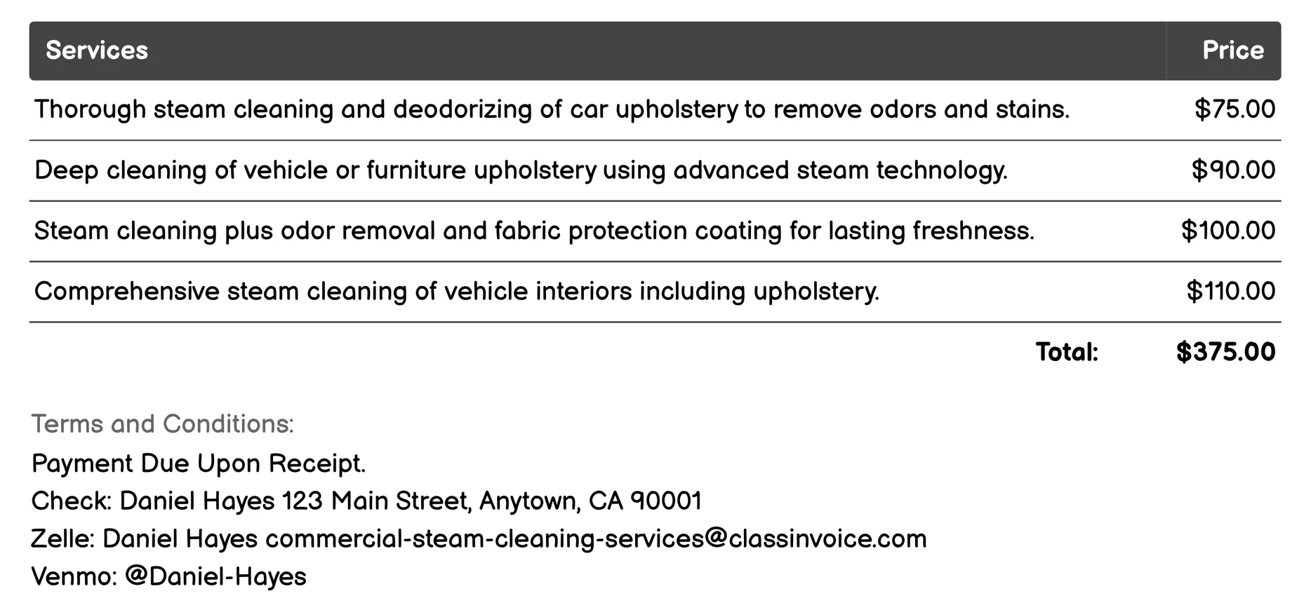 Upholstery Deodorizing Invoice Example