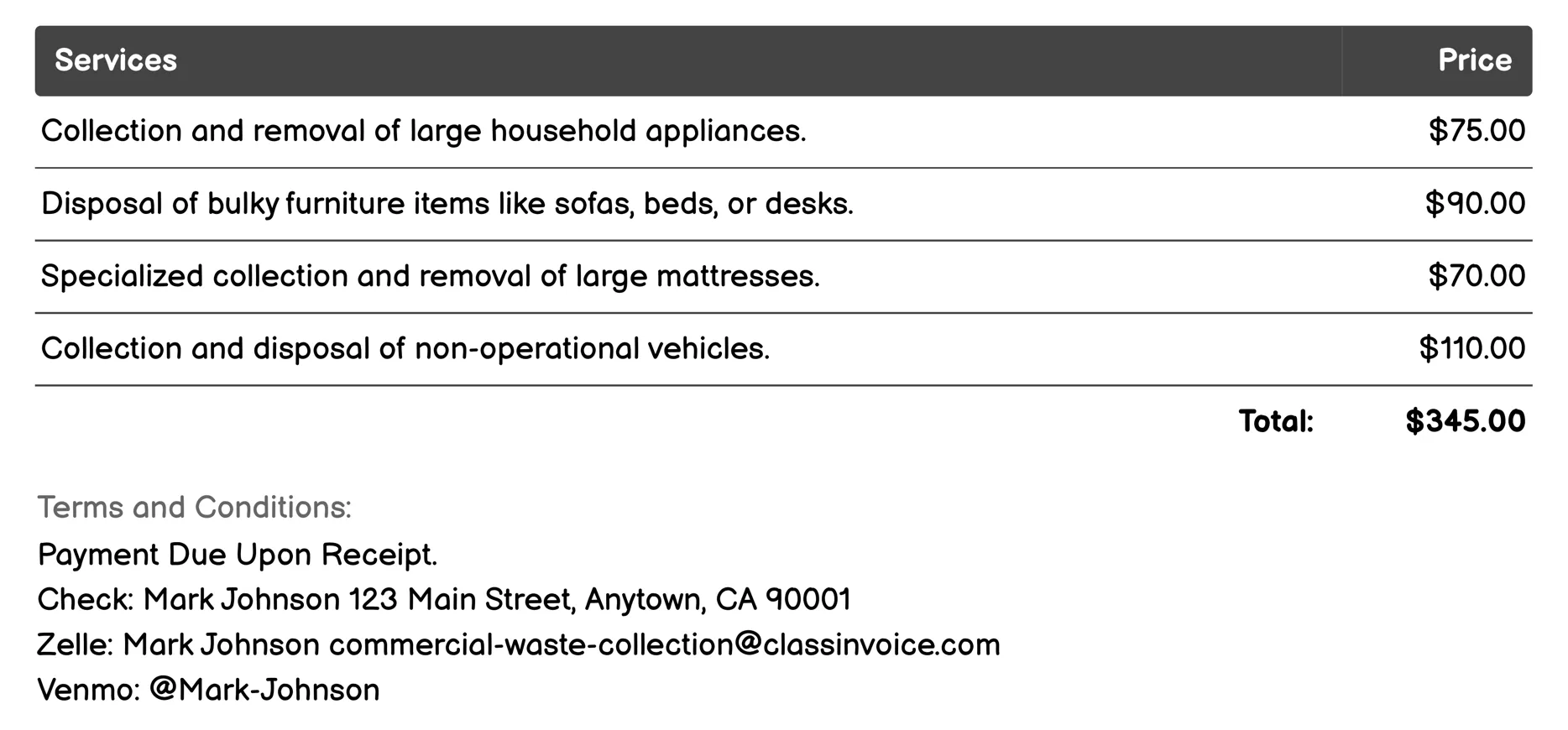 Bulk Item Removal Invoice Example