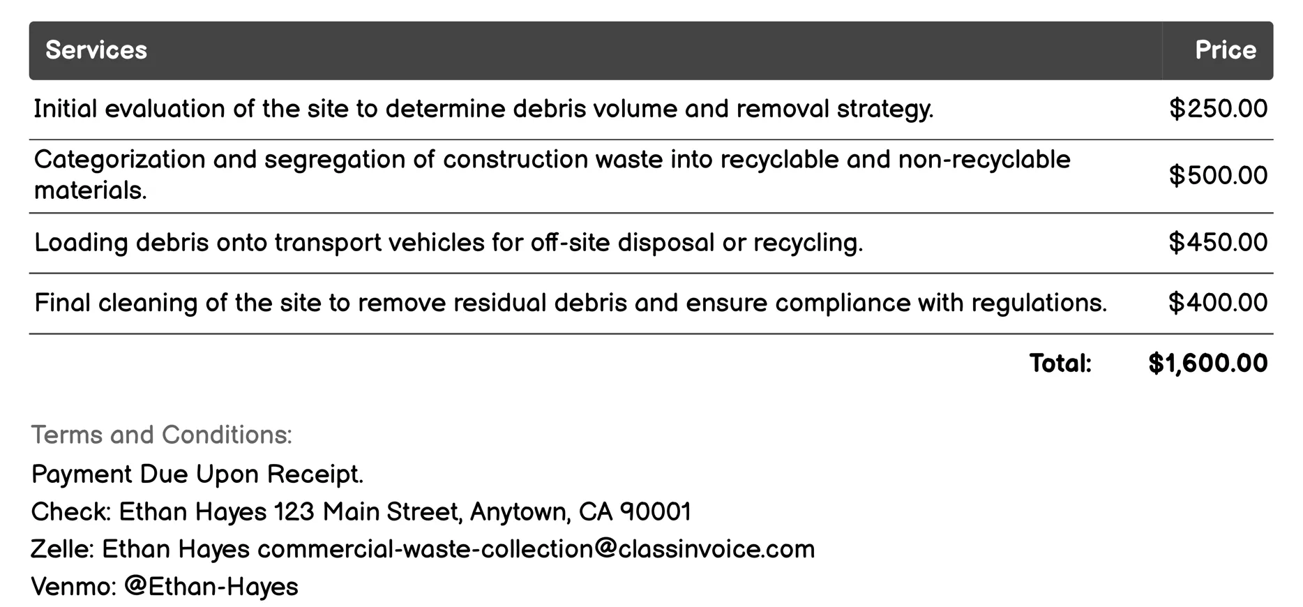 Construction Debris Removal Invoice Example