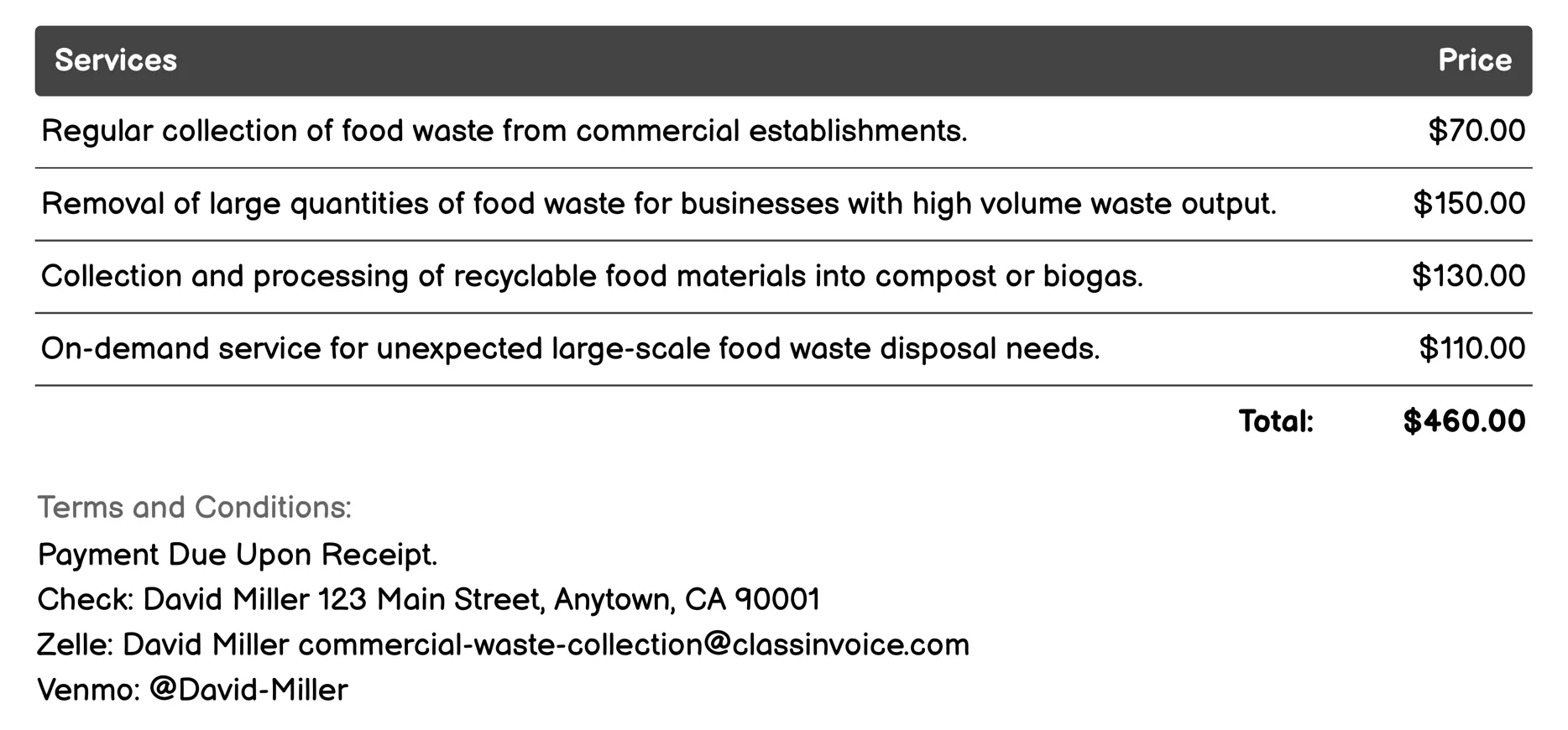 Food Waste Collection Invoice Example