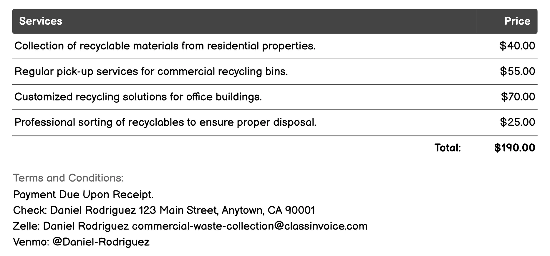 Recycling Collection Invoice Example