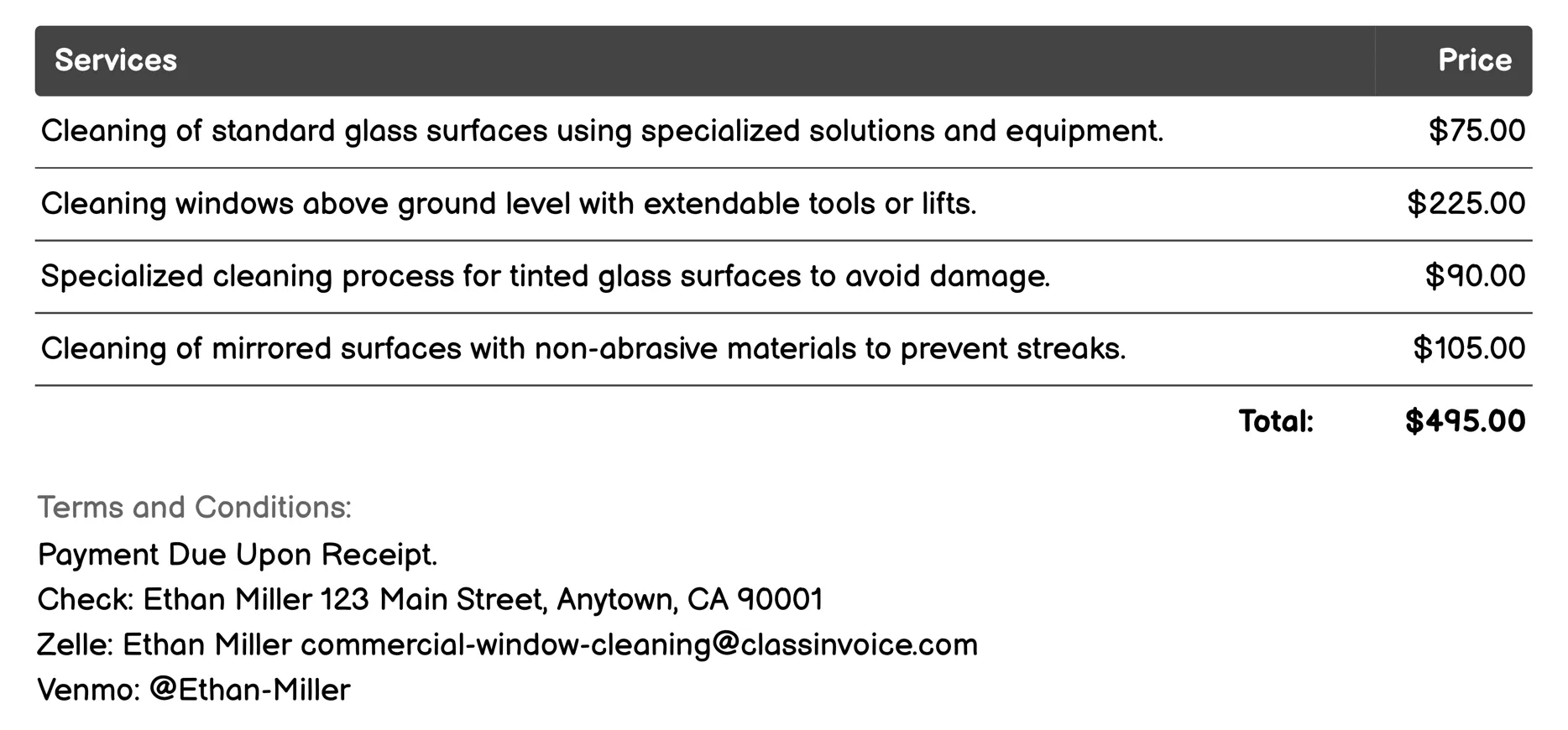 Specialty Glass Cleaning Invoice Example