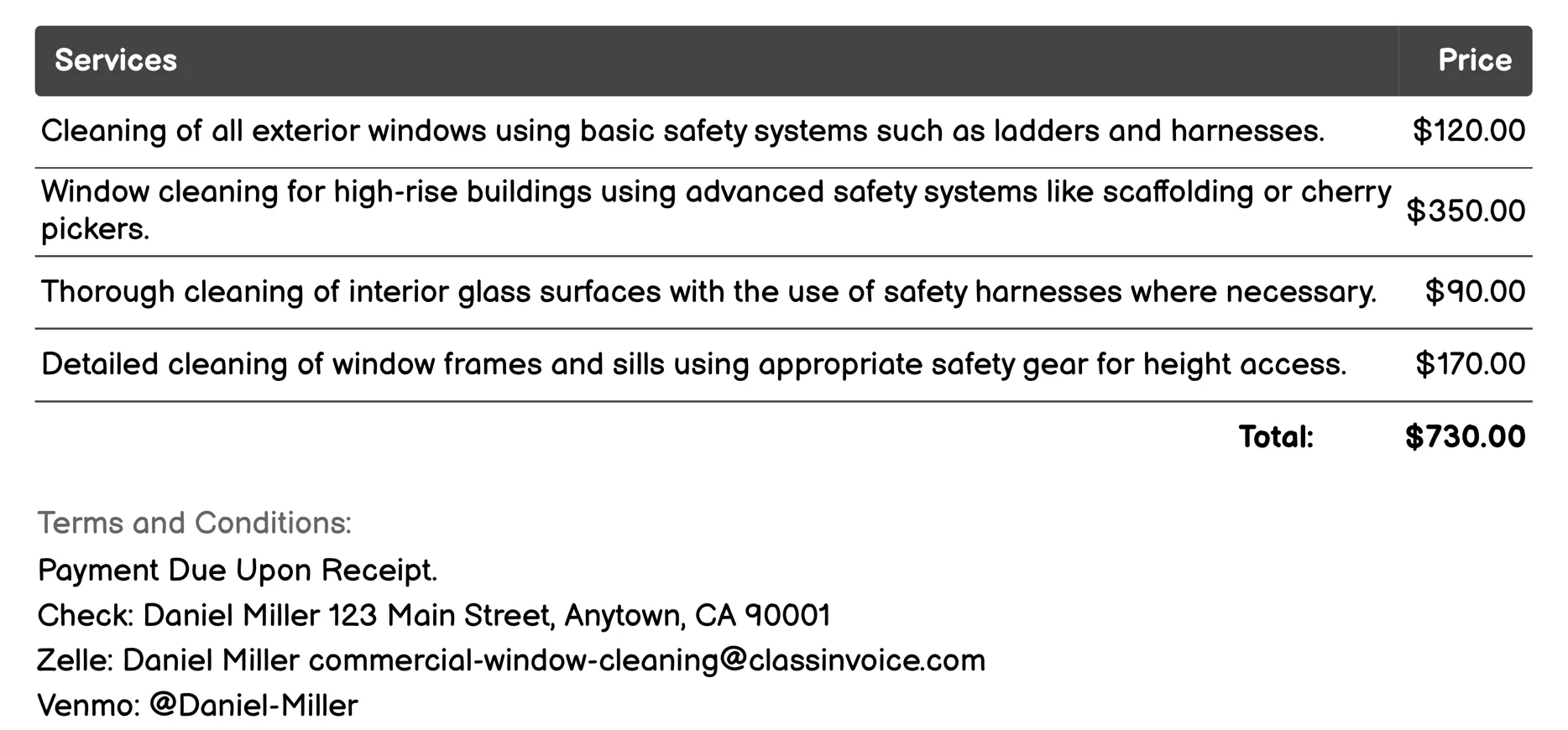Window Washing with Safety Systems Invoice Example