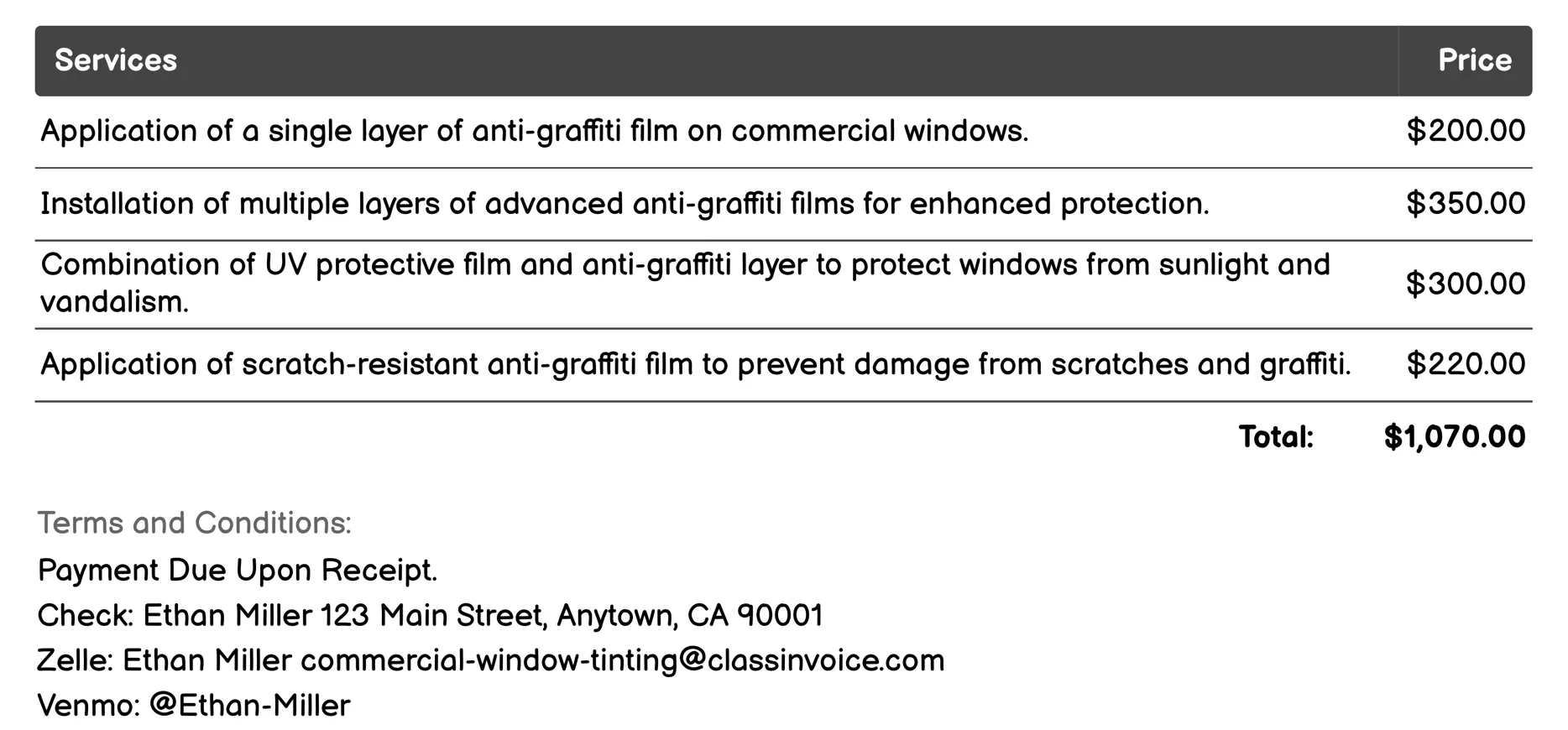 Anti-Graffiti Protection Invoice Example
