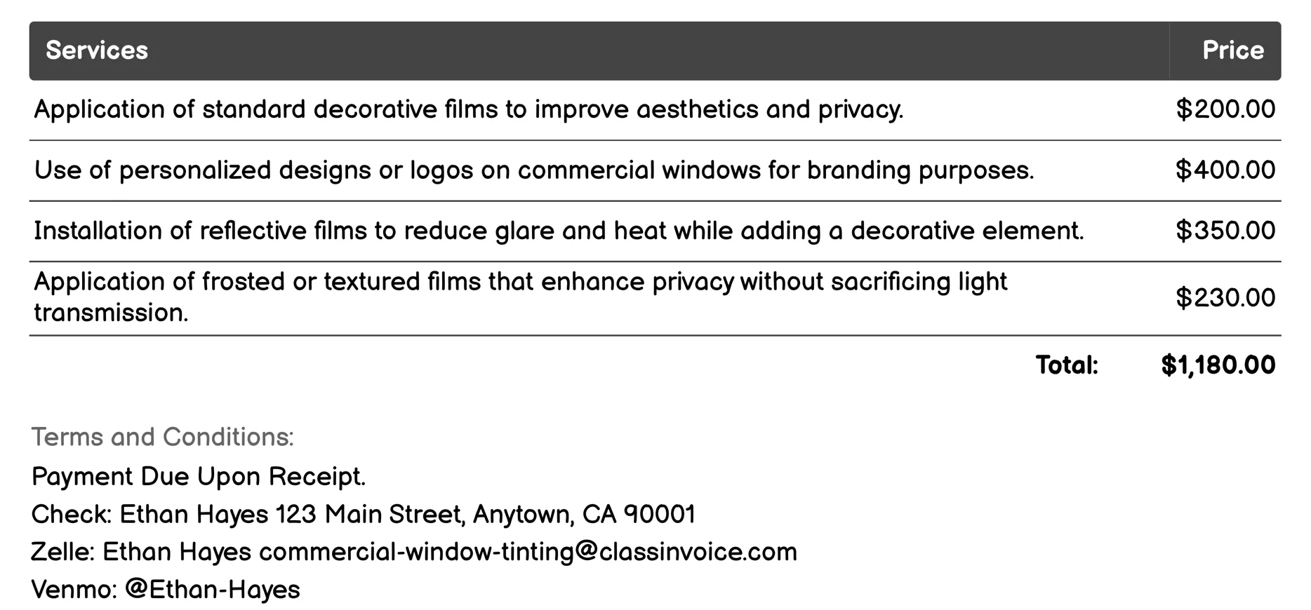 Decorative Films Invoice Example