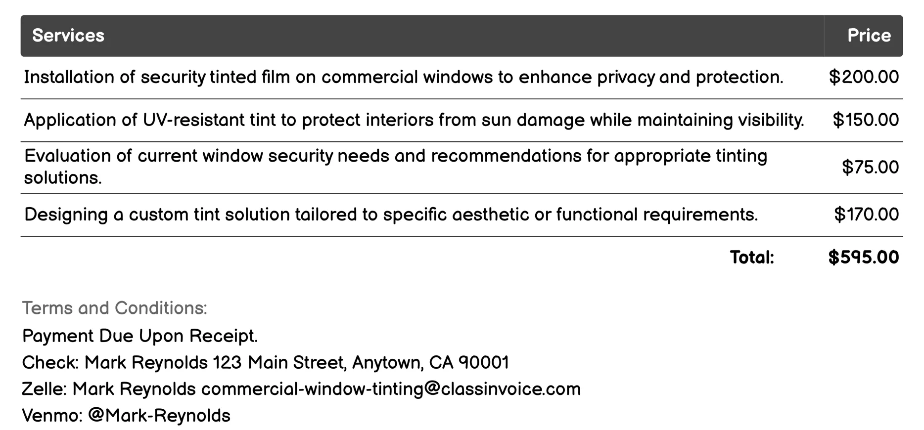 Security Tinting Invoice Example