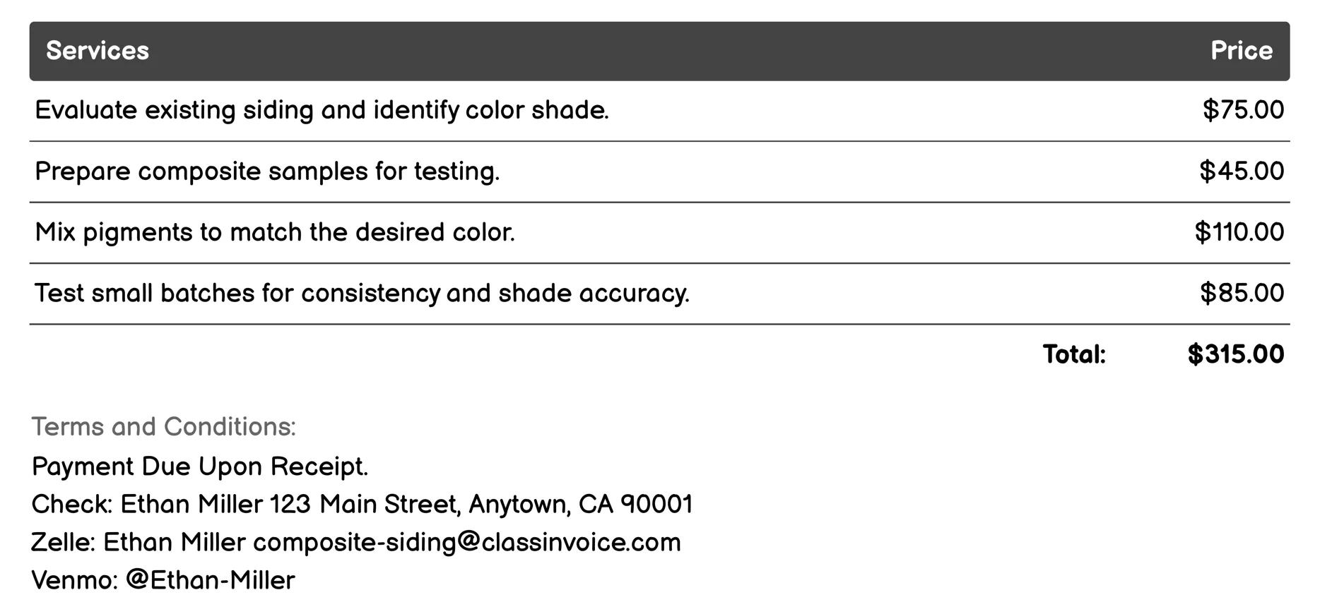 Color Matching Invoice Example