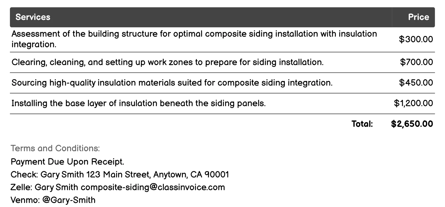 Insulation Integration Invoice Example