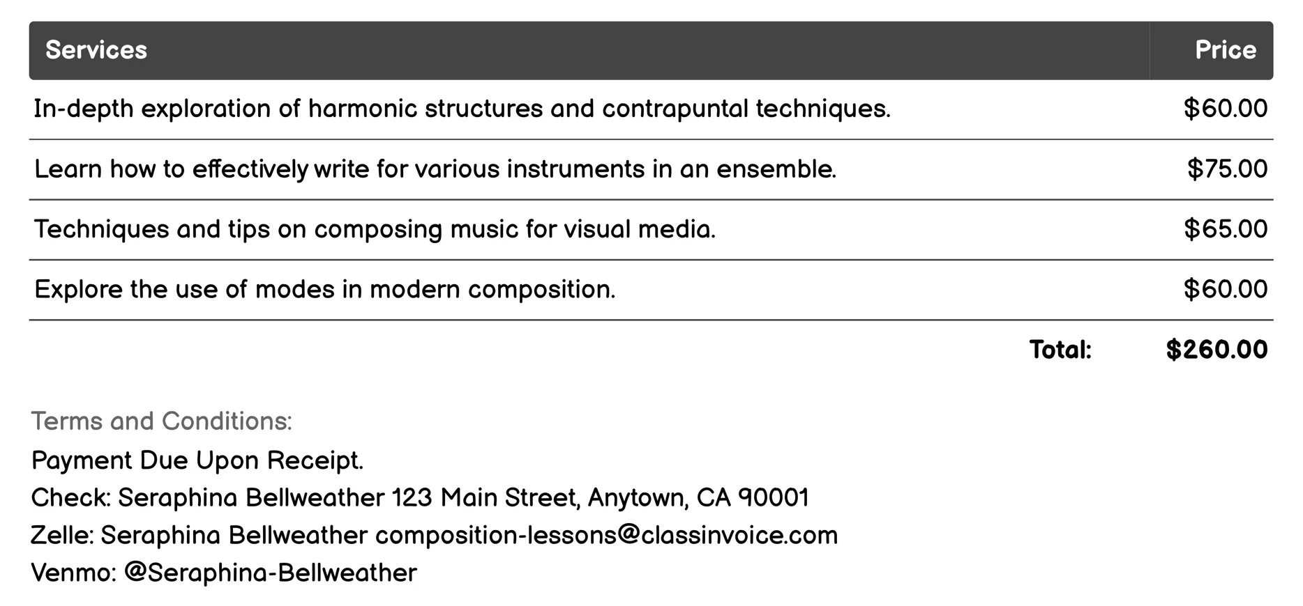 Advanced Composition Techniques Invoice Example