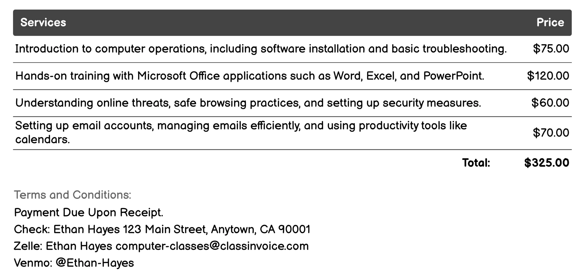 IT Support Training Invoice Example