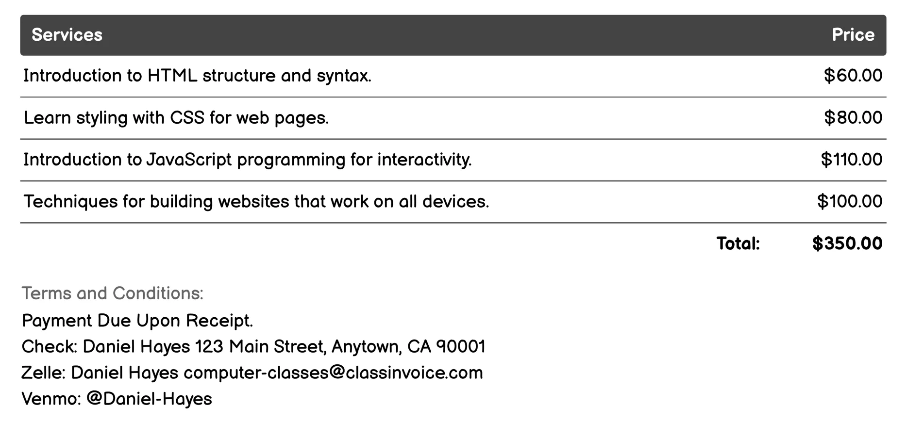 Web Development Invoice Example
