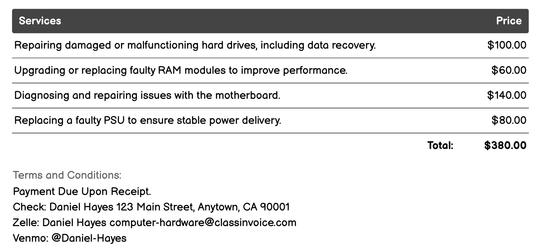Hardware Repair Invoice Example
