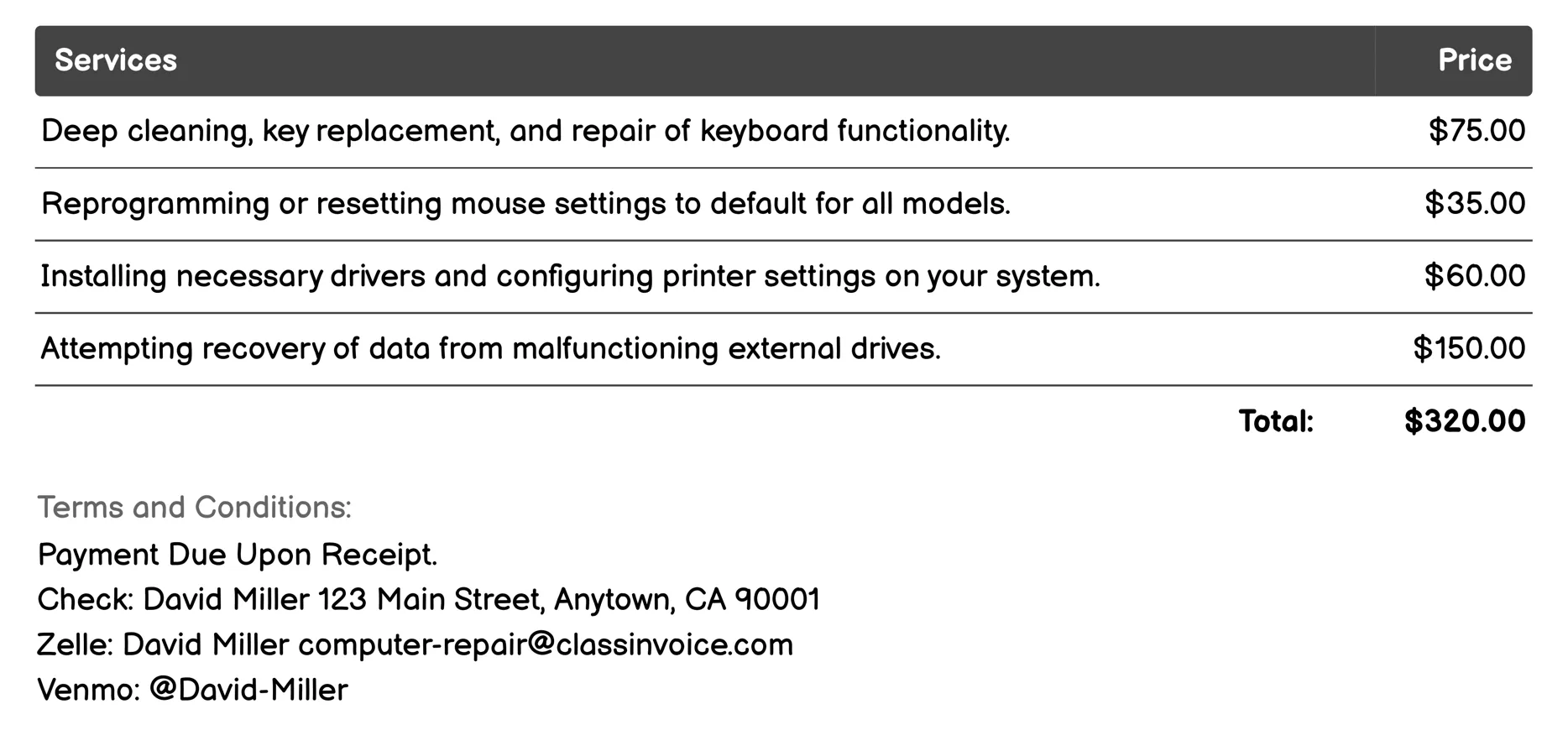Peripheral Repair Invoice Example