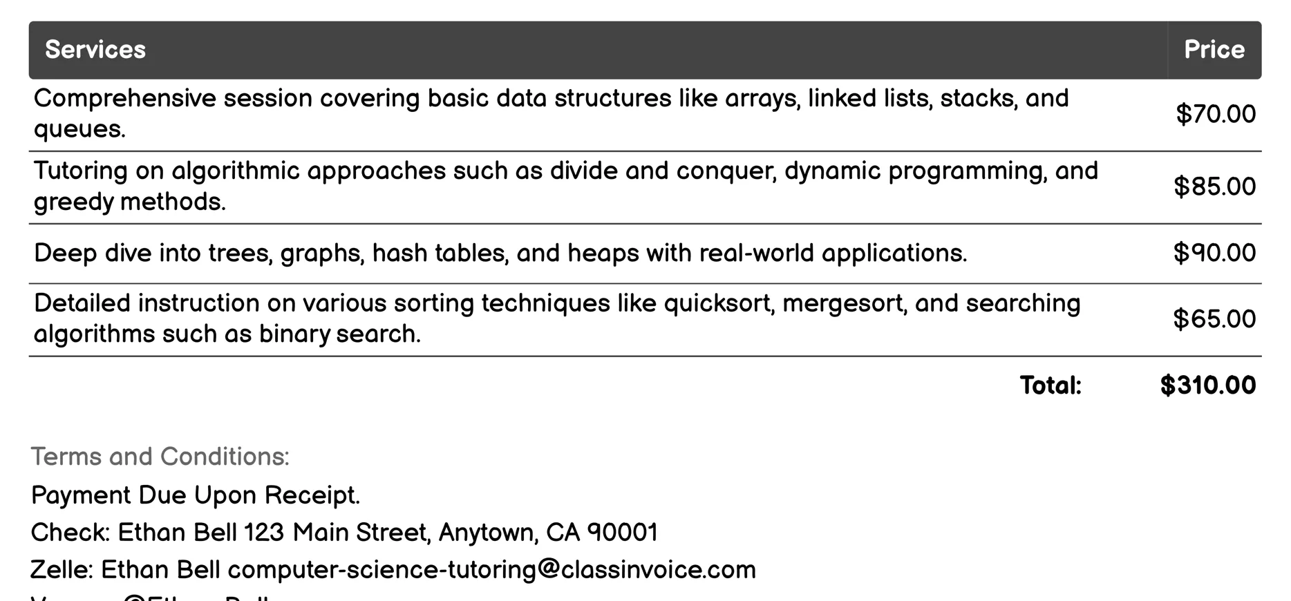 Data Structures and Algorithms Invoice Example