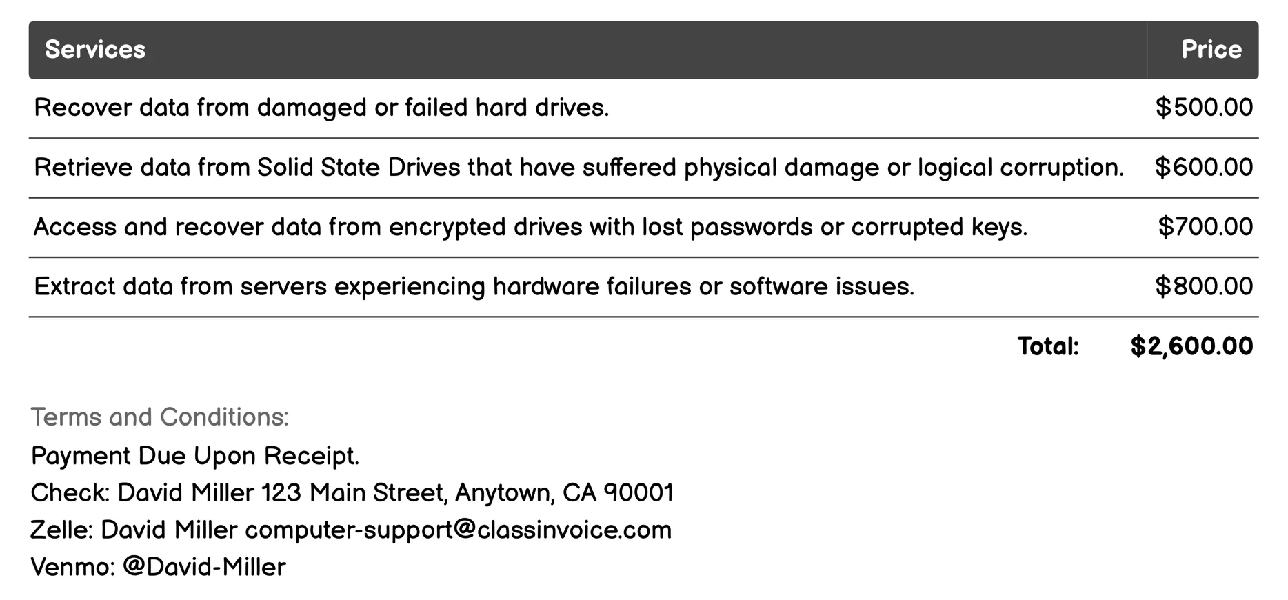 Data Recovery Services Invoice Example